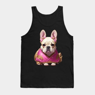 Charming Frenchie Puppy in Pink Floral Hanbok Tank Top